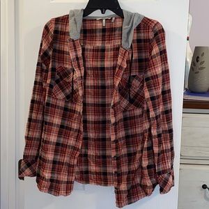 BKE. size S. Plaid button down thin jacket w/ hood